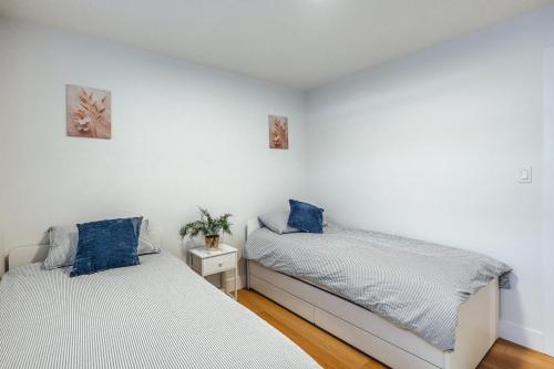 two beds in a room with white walls and blue pillows at Executive Basement suite in Edmonton