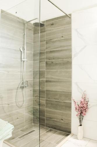 a shower with a glass door in a bathroom at Spiros House in Roda