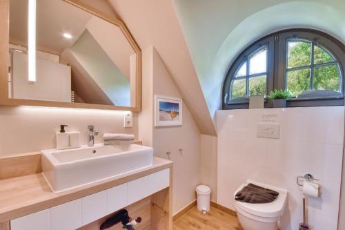 a bathroom with a sink and a toilet at Ferienhaus Boddenlust 24 Feriendorf Klein Stresow Rügen by ruyastay in Putbus