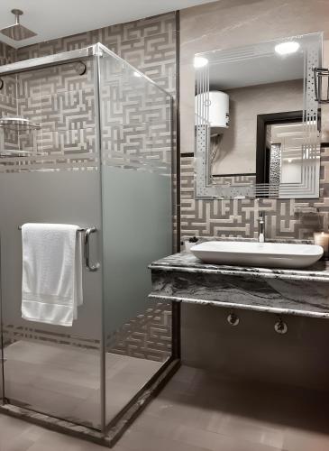a bathroom with a glass shower and a sink at pyramids view luxury apartment in ‘Ezbet `Abd el-Ḥamîd