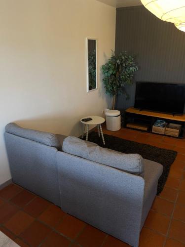 ein Wohnzimmer mit Sofa und Tisch in der Unterkunft Au beffroi in Thuin