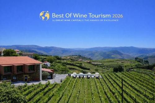 a view of a winery and a vineyard with mountains in the background at Casa do Santo - Wine & Tourism in Provesende