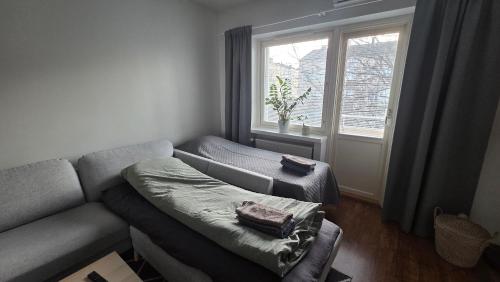 a living room with a couch and a window at Kaksio Kimpisessä in Lappeenranta
