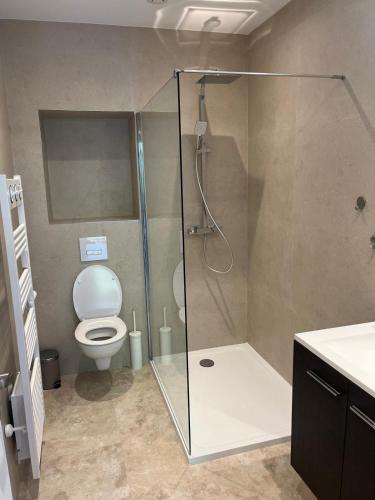 a bathroom with a glass shower with a toilet at Katy in Nice