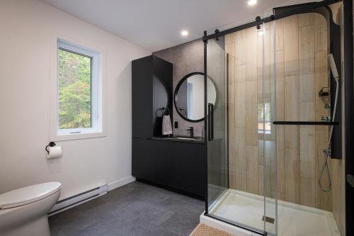 a bathroom with a toilet and a glass shower at Käbane Horizon Boréal - Le Belvédère in Les Éboulements