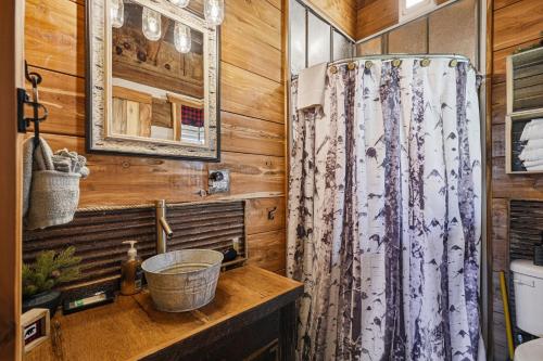 a bathroom with a shower curtain and a sink at Creekside Hideout in Cosby