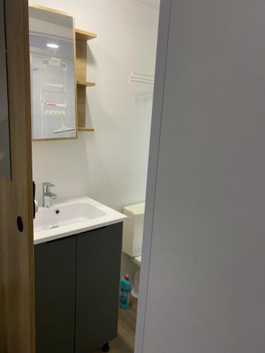 a bathroom with a sink and a toilet at Bungalow 6 personnes in Équihen-Plage