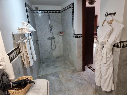 a bathroom with a shower with a glass shower stall at Riad Batchisarai in Fez