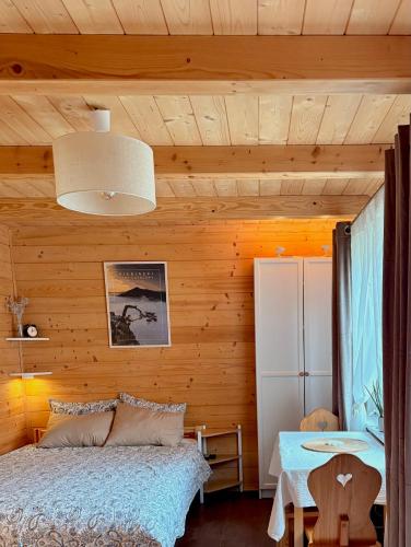 a bedroom with a bed and a wooden wall at Apartamenty & Domek Gawędówka in Krościenko