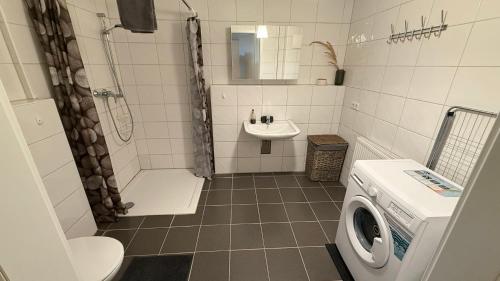 a bathroom with a washing machine and a sink at Private Apartment with Terrace and Parking in Dortmund