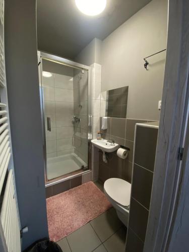 a bathroom with a shower and a toilet and a sink at Stacja Centrum in Częstochowa