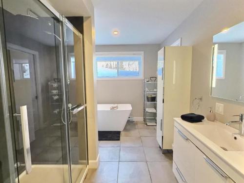 a bathroom with a shower and a tub and a sink at Käbane Miramar - L'Oasis du Fleuve in Les Éboulements