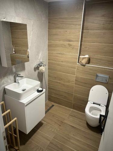 a bathroom with a white toilet and a sink at Lemmy Аpartment in Ofrínion