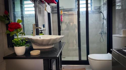 a bathroom with a sink and a toilet at Le Verger Sur Mer in Flic-en-Flac