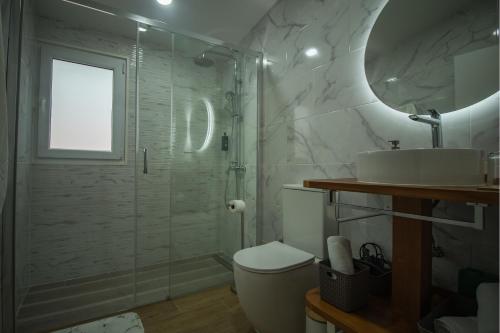 a bathroom with a shower and a toilet and a sink at Entre Raizes in Remédios