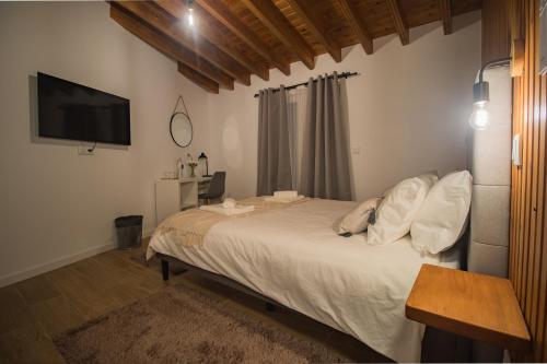 a bedroom with a bed and a tv on the wall at Entre Raizes in Remédios