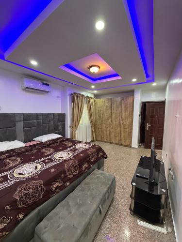 a bedroom with a bed and a tv in it at 3 Bedroom Flat Short Let in Iseri