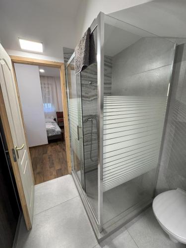 a shower stall in a bathroom with a toilet at Beregi Apartman in Tiszaújváros