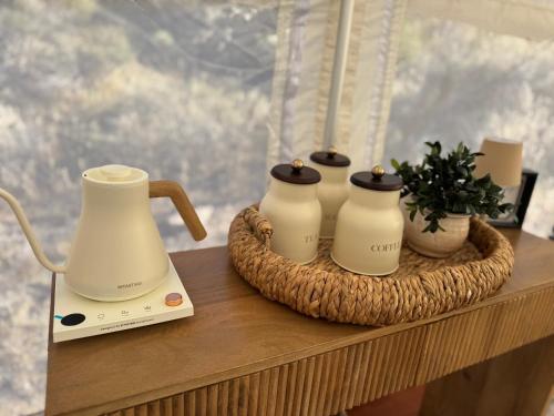 three milk bottles on a table with a plant at Vegas Glamping in Marie Camp