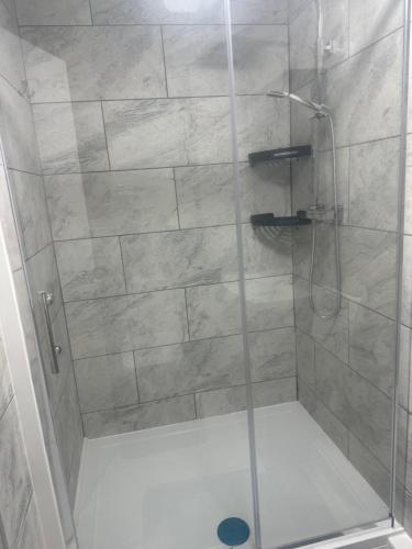 a shower with a glass door in a bathroom at Godwinning lodge in Thamesmead