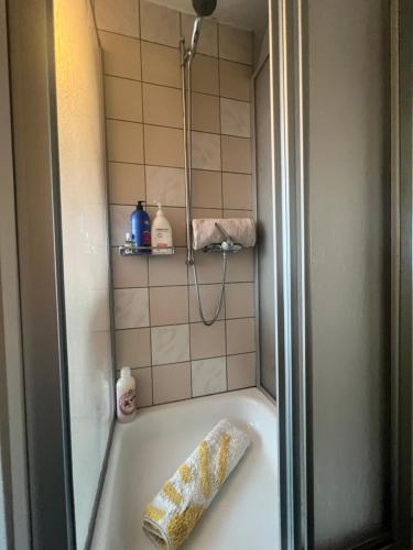 a bathroom with a shower and a bath tub at 18 Steps to a Secret Tower in Porrentruy
