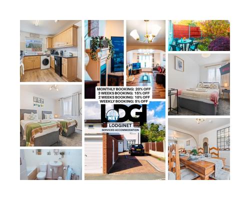 a collage of photos of a house at Spacious White House with parking, garden, Wi-Fi in Telford