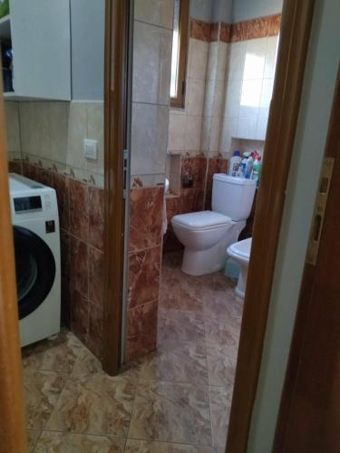 a bathroom with a toilet and a washing machine at The Garden Guest House in Divjakë