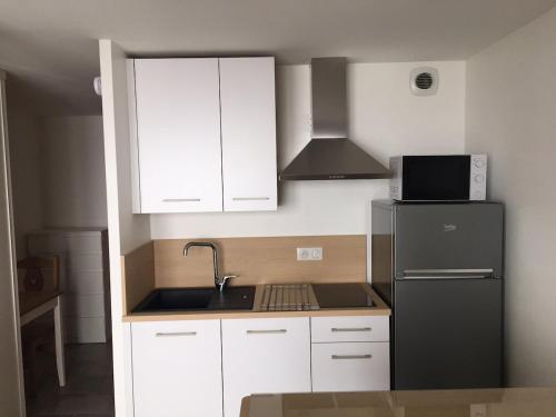 a kitchen with white cabinets and a black refrigerator at Charming mountain studio in Mont-Saxonnex