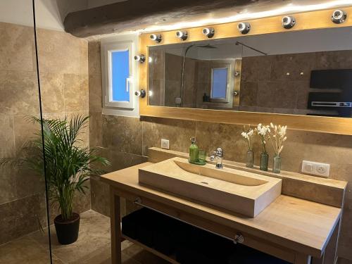 a bathroom with a sink and a mirror at La petite fontaine in Bédoin
