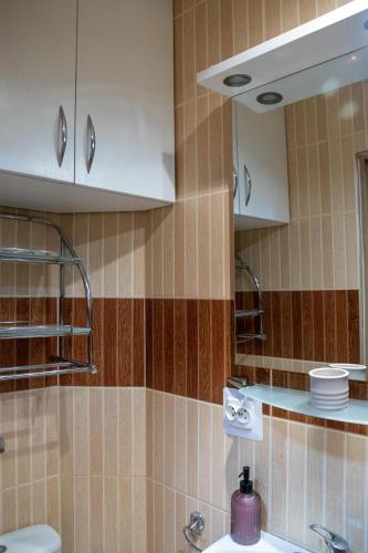 a bathroom with a sink and a toilet and a mirror at U Marysi i Jerzego in Żarnowska
