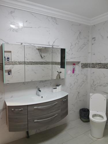 a bathroom with a sink and a toilet at Résidence ABOMO'S in Kribi