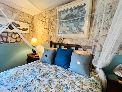 a bedroom with a bed with blue pillows at The Crown Private Queen in Mount Terza