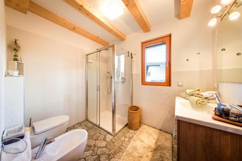 ein Badezimmer mit Dusche, Toilette und Waschbecken in der Unterkunft Spanglerhaus in Deutschnofen