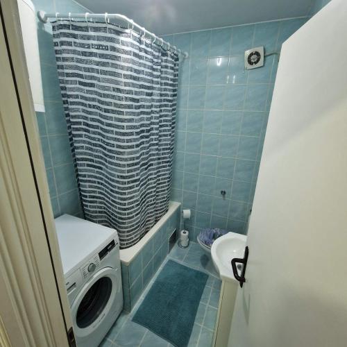 a bathroom with a washing machine and a shower at Apartman Zivkovic in Bosanska Dubica
