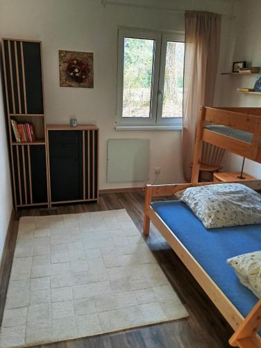 a bedroom with a bed and a book shelf at DOMA Les in Včelná