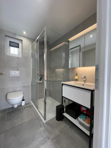 a bathroom with a shower and a toilet and a sink at Maison Lagune bleue Gruissan in Gruissan