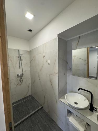 a bathroom with a sink and a shower at Beregi Apartman II in Mezőcsát