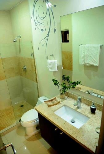ein Badezimmer mit Waschbecken, Toilette und Dusche in der Unterkunft Oasis del Sol in Playa del Carmen