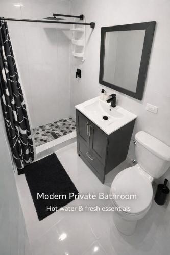 a bathroom with a toilet and a sink and a mirror at Modern Private Stay in Fajardo, PR - NEAR FERRY - BEACHES - EL YUNQUE - BIO BAY in Fajardo