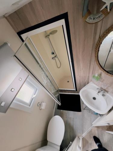 a bathroom with a sink and a toilet and a mirror at Kings caravan park A-27 in Skegness