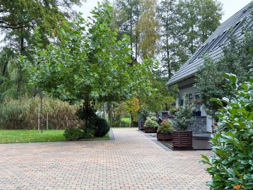 a brick driveway leading to a house with a tree at Ferienwohnungen Ast in Burg