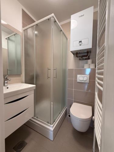 a bathroom with a shower and a toilet and a sink at Apartman Lovor in Primošten