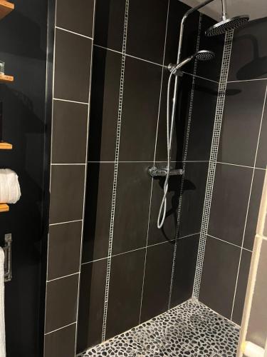 a bathroom with a shower with black tiles at Le Loft in Anzin