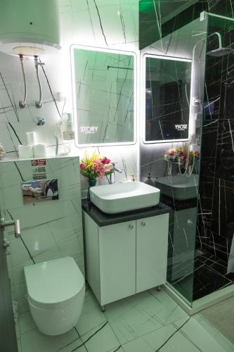 a bathroom with a toilet and a sink and a mirror at Foča Apartman STORY in Foča