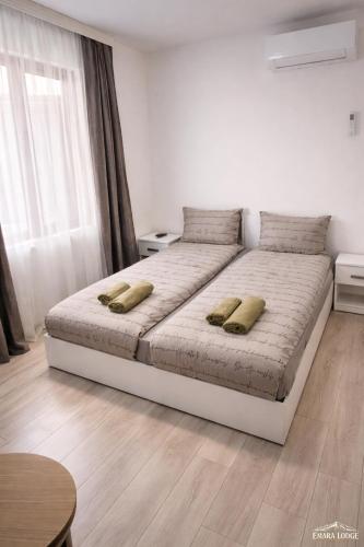 a bedroom with a bed with two pillows on it at Emara Lodge Bansko in Bansko
