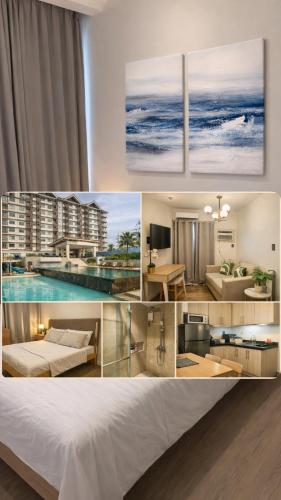 a collage of three pictures of a hotel room at Cozy 1BR with Balcony, Sea View and Pool - Fast WiFi - Snug Sanctuary in Talisay
