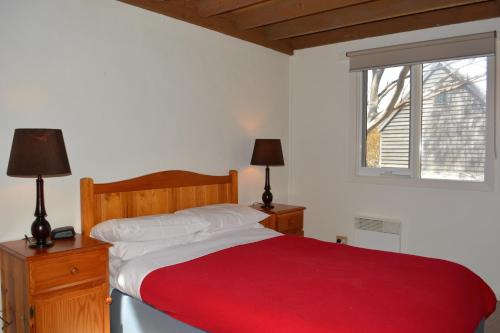 a bedroom with a bed with a red blanket and a window at Gundy Lodge in Dinner Plain