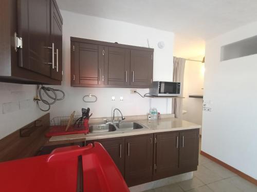 a kitchen with wooden cabinets and a sink at Departamento cerca del aeropuerto in Chihuahua