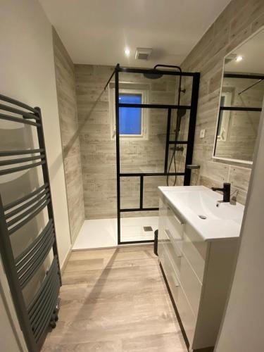 a bathroom with a sink and a shower at Maison de ville Libourne 3 chambres in Libourne
