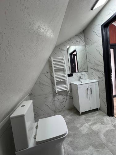 a bathroom with a white toilet and a sink at Odessky Dvorik in Chişinău